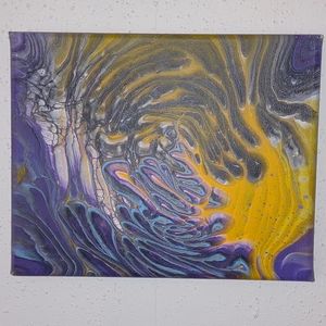 Hand made pour painting with purple, blue, yellow